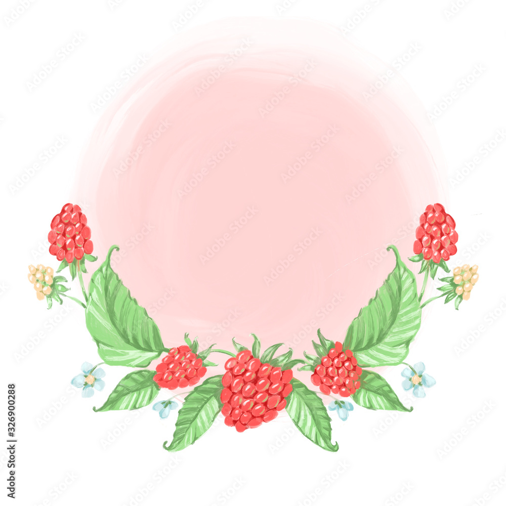 Spring and summer green frame of raspberry berries and leaves, single stand alone composition on a white background. Digital illustration.