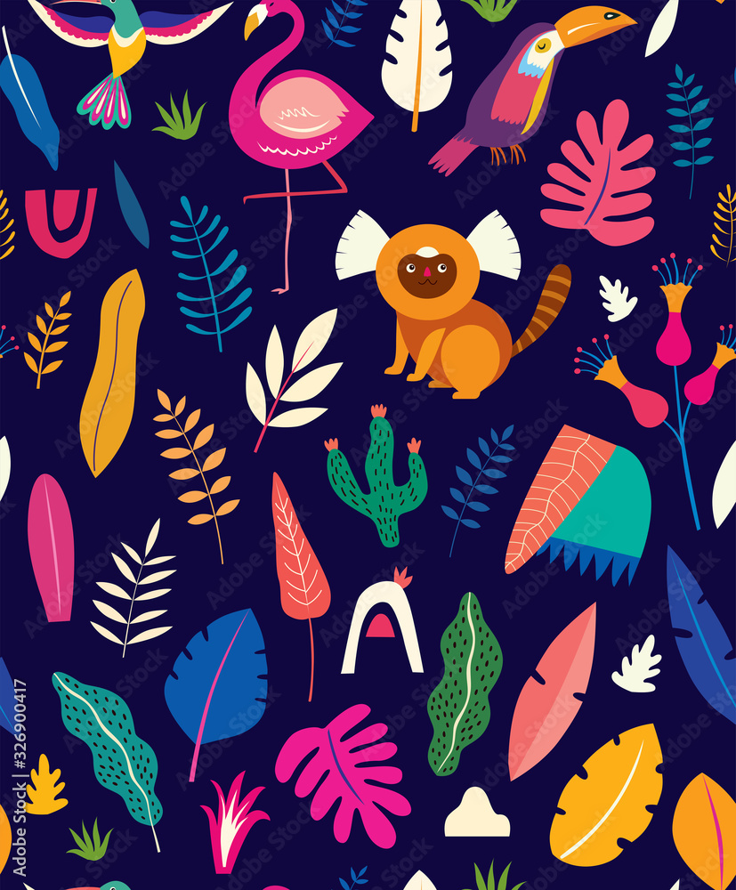 Vector colorful seamless pattern with tropical flowers, leaves, monkey, flamingo and birds. Brazil tropical pattern. Rio de janeiro pattern,.