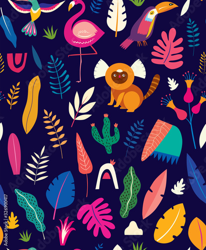 Vector colorful seamless pattern with tropical flowers, leaves, monkey, flamingo and birds. Brazil tropical pattern.  Rio de janeiro pattern,.