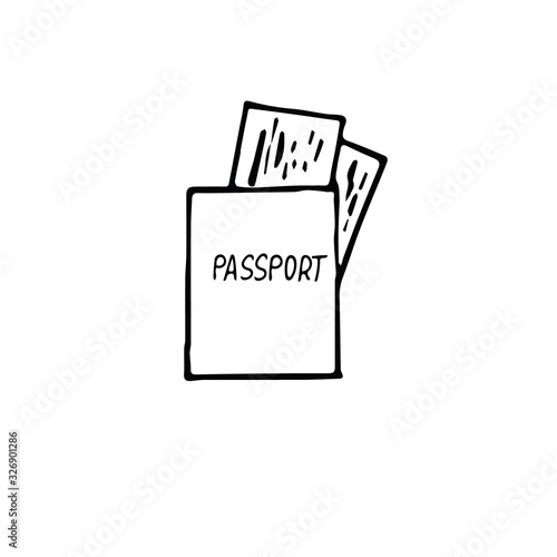 Passport and tickets hand drawn in doodle style. Scandinavian simple liner. documents, travel, trip, flight. element for design icon, postcard