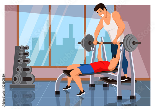 Men training doing bench press with barbell at gym
