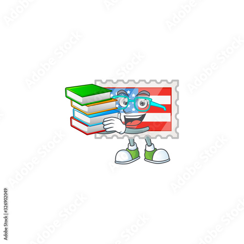 A brainy clever cartoon character of independence day stamp studying with some books