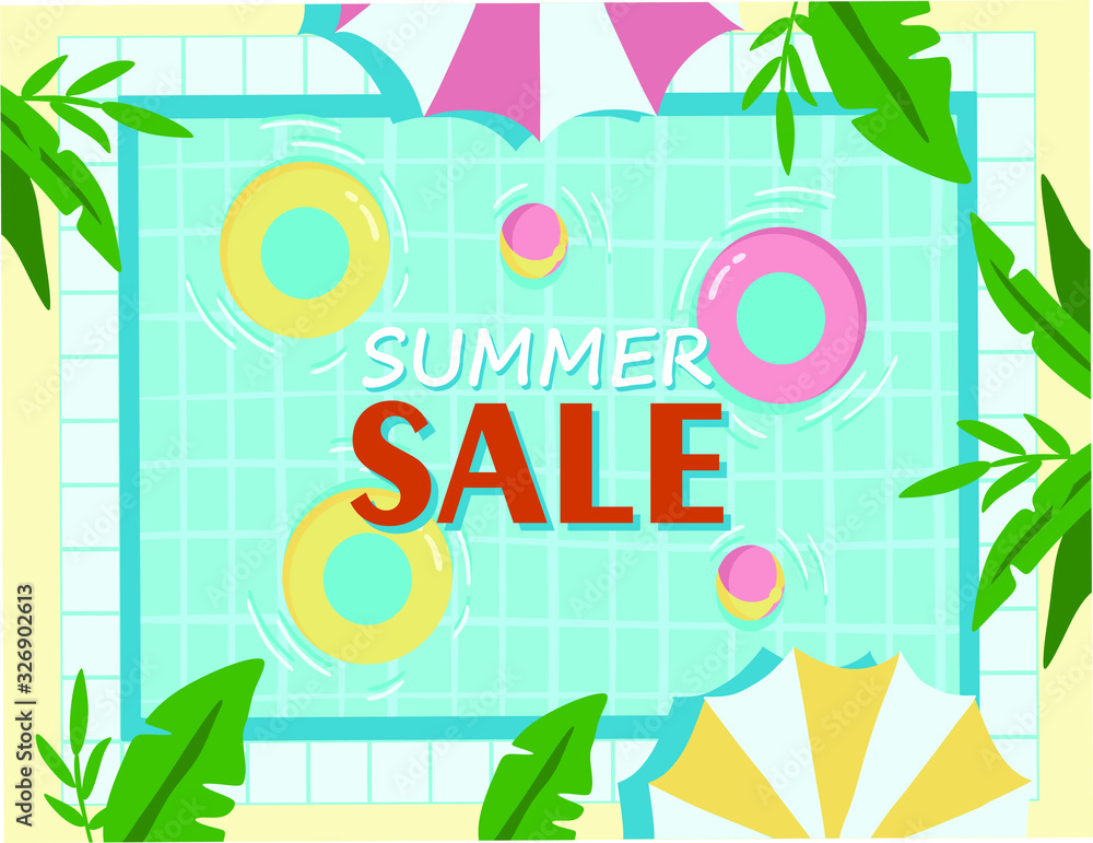 summer sale, a poster for a pool party with an inscription, people swim in the pool summer sale, a poster for a pool party with an inscription, people swim in the pool