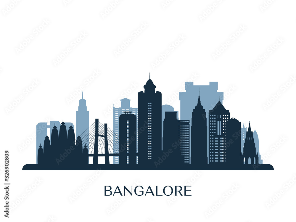 Bangalore skyline, monochrome silhouette. Vector illustration.