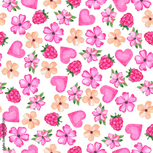 Wallpaper Mural Seamless pattern with decorative pink flowers, raspberries and hearts on white background. Hand drawn watercolor illustration. Torontodigital.ca