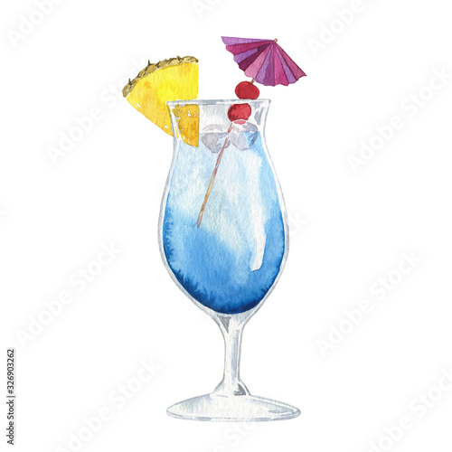 Summer blue cocktail with pineapple and red berry isolated on white background. Hand drawn watercolor illustration.