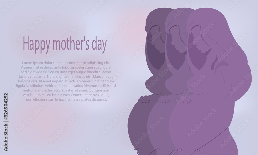 Greeting card banner for mother's day. Silhouette of three pregnant women tenderly hugging belly. Vector. Flat cartoon style. Greeting card banner for mother's day. Silhouette of three pregnant women tenderly hugging belly. Vector. Flat cartoon style.
