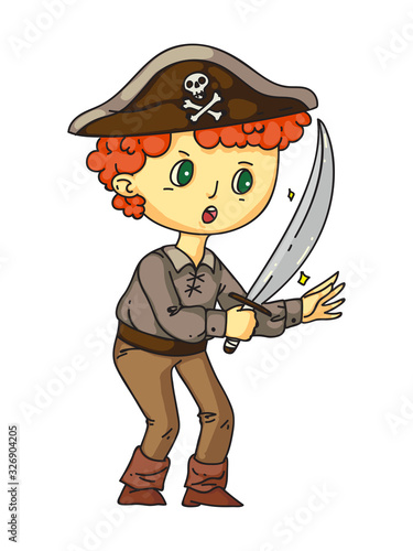 Little boy pirate with sward in hand, earring in ear standing isolated on white. Sailor costume for halloween or carnival party. Birthday games and entertainment. Flat vector illustration.
