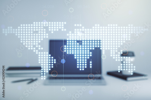 Multi exposure of abstract creative digital world map on modern laptop background, tourism and traveling concept concept