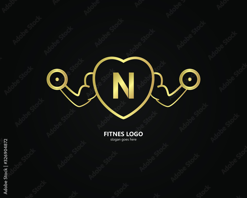 Fototapeta the letter N logo and the gym logo. the combination of the letter N and the hand holding barbell design. gold texture. Modern template. unique, simple and luxurious. for cards and graphic design.