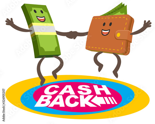 Happy money character and wallet character jumping on the trampoline. Cash back theme.