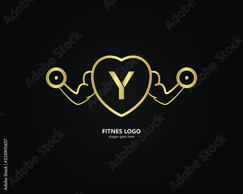 Fototapeta the letter Y logo and the gym logo. the combination of the letter Y and the hand holding barbell design. gold texture. Modern template. unique, simple and luxurious. for cards and graphic design.