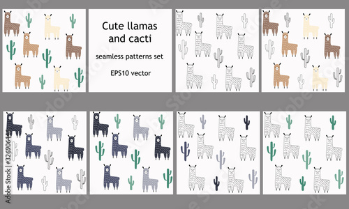 Llamas and cacti seamless patterns. Beige, gray and outline alpacas with green and gray Succulents. Hand-drawn animals and plants in natural colors in Scandinavian style. Stock vector illustration.