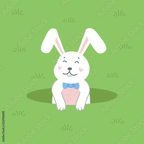 Cute white rabbit popping out of a hole. Easter cartoon bunny on green backgr...