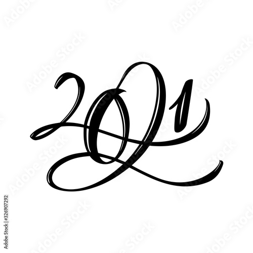 Vector calligraphic 2021 text. Christmas and Happy New Year concept design with calligraphy brush text on white background. Hand drawn lettering