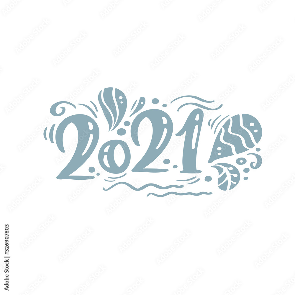 Vector scandinavian 2021 text. Christmas and Happy New Year concept design with calligraphy brush text on white background. Hand drawn lettering