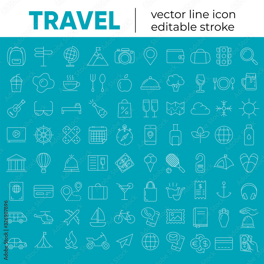 Set of vector line icons and symbols in flat design travel with elements for mobile concepts and web apps. Collection of travelling icons for infographic, logo, website, catalog, blog, typography. Set of vector line icons and symbols in flat design travel with elements for mobile concepts and web apps. Collection of travelling icons for infographic, logo, website, catalog, blog, typography.