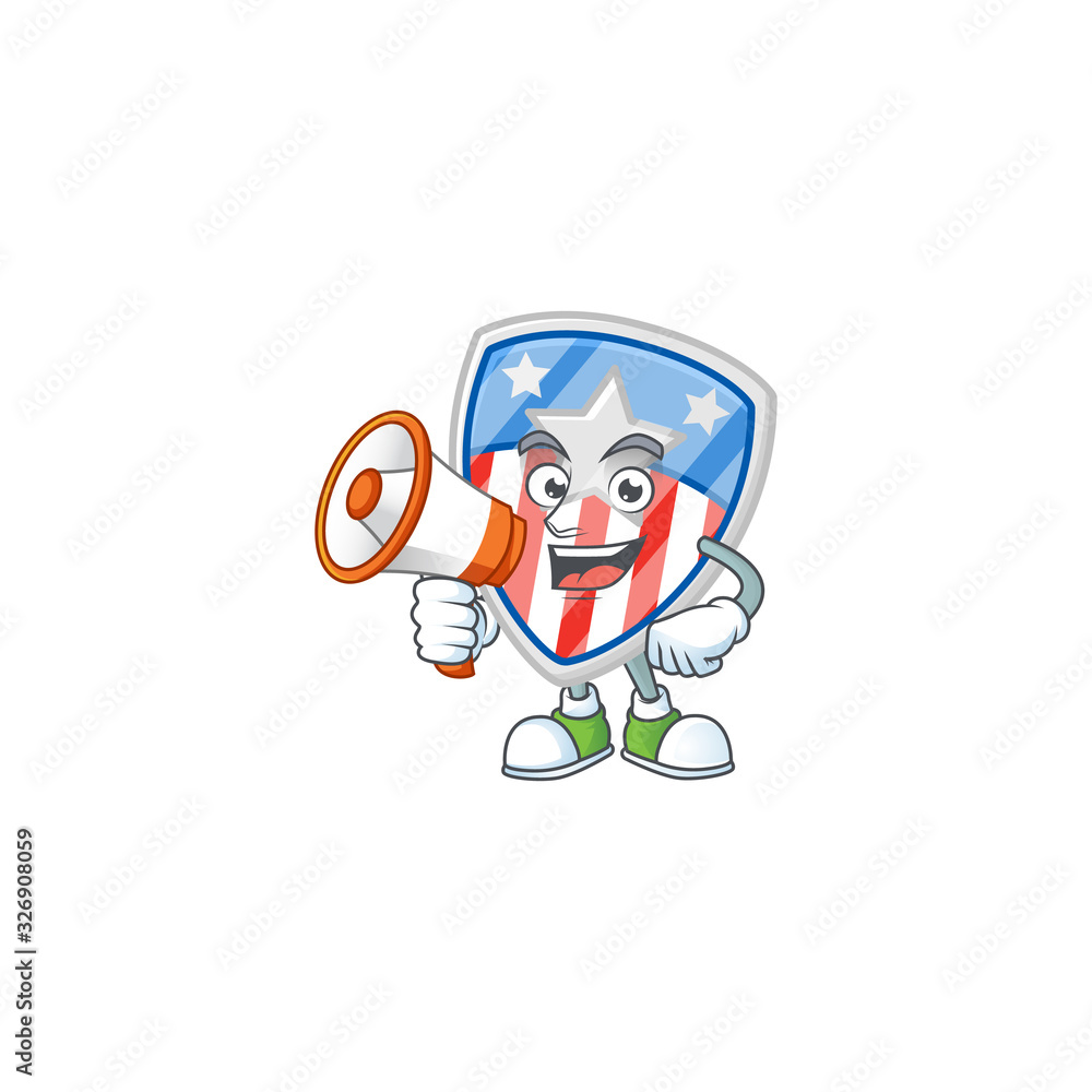 A chilly cartoon character of shield badges USA with star with a megaphone A chilly cartoon character of shield badges USA with star with a megaphone