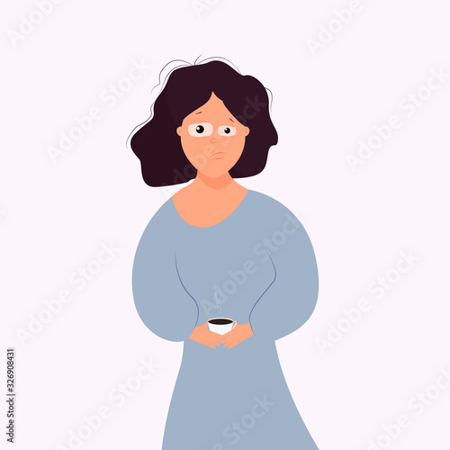Woman with tousled hair in nightwear with a sleepy look holds a cup with a hot drink in her hands. The concept of insomnia, trouble sleeping, severe awakening. Morning coffee. Flat cartoon style