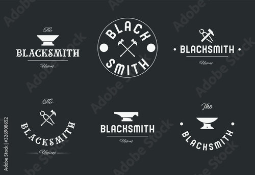 Blacksmith logo set with hammers, anvil, pliers. Forge workshop. Vector.