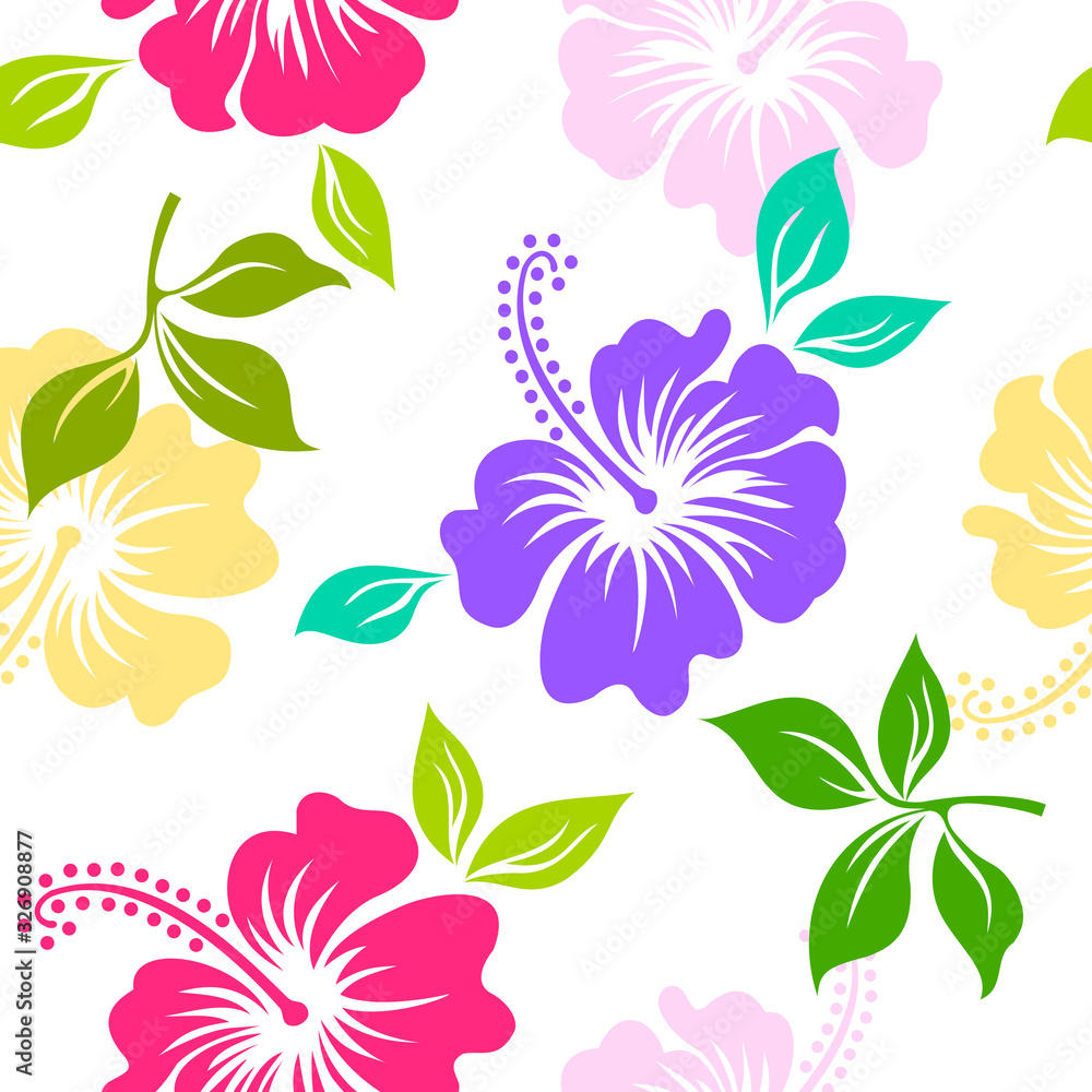 Seamless pattern with colorful hibiscus flower hawaii on white background