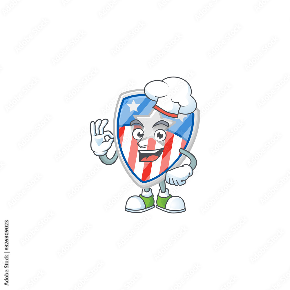 Shield badges USA with star cartoon character in a chef dress and white hat Shield badges USA with star cartoon character in a chef dress and white hat