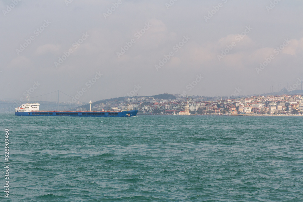 View of the Bosphorus and Istanbul's Ushkudai district on a sunny day. Turkey