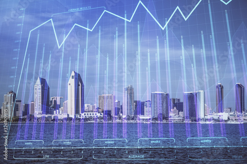 Forex chart on cityscape with skyscrapers wallpaper multi exposure. Financial research concept.