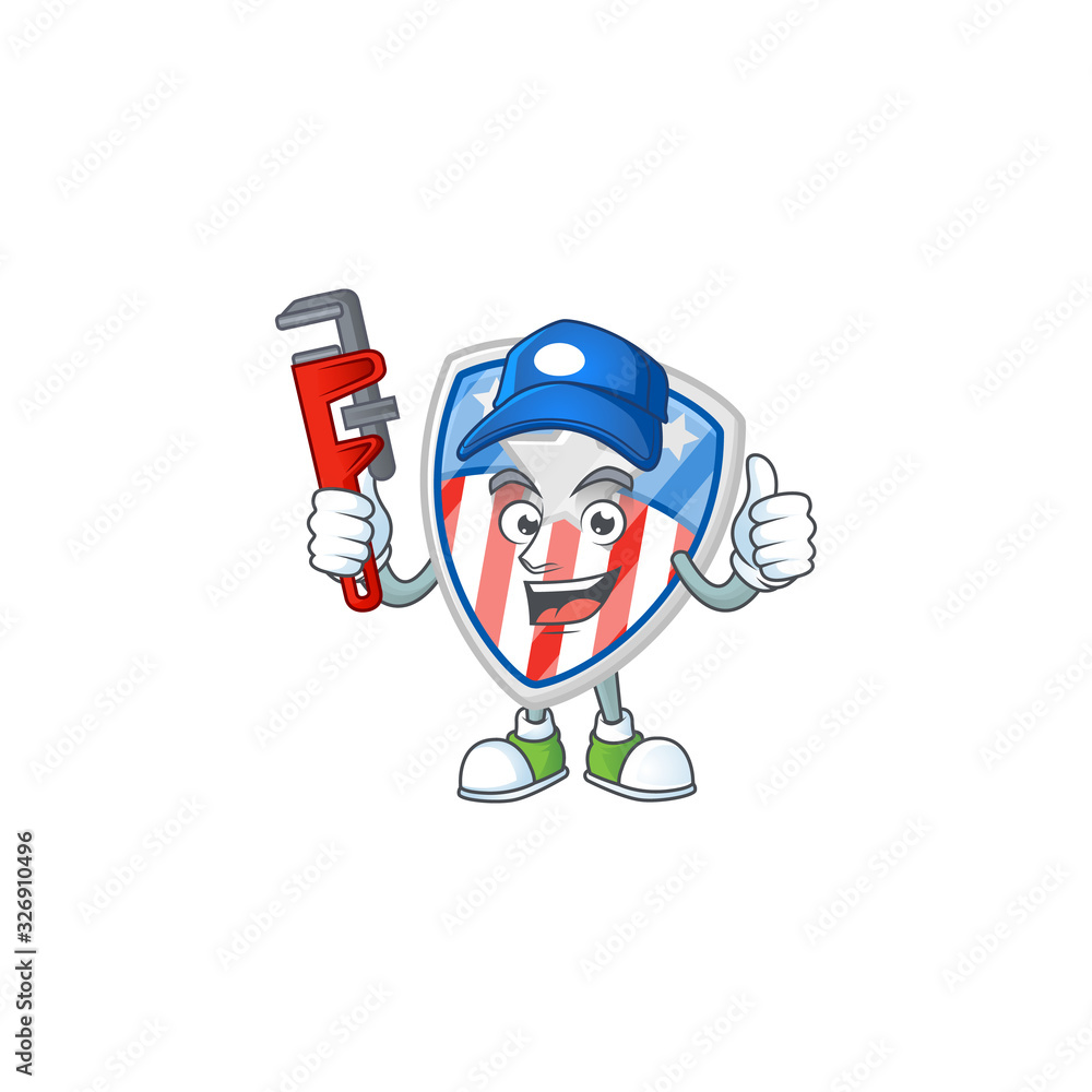 Smiley Plumber shield badges USA with star on mascot picture style Smiley Plumber shield badges USA with star on mascot picture style