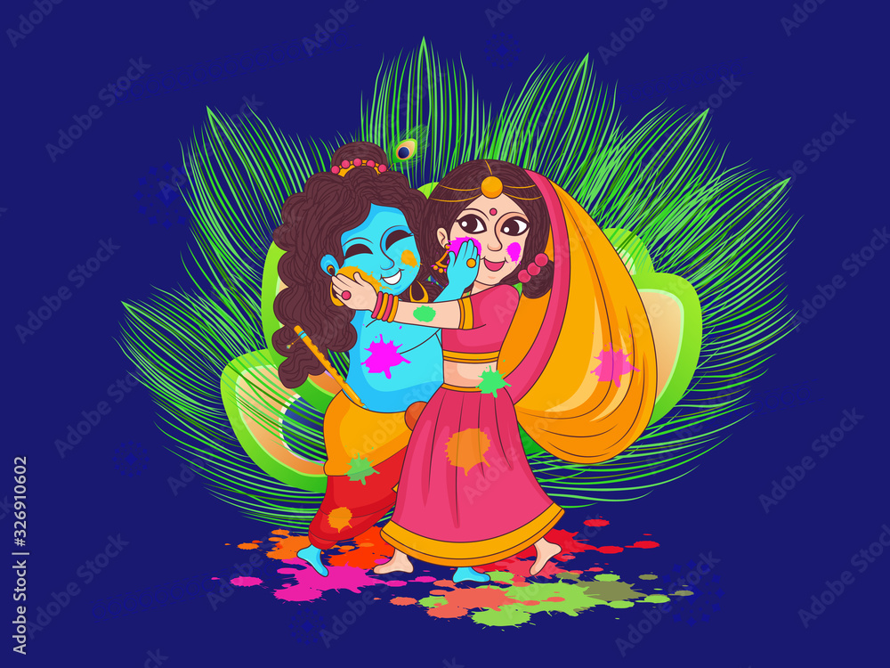 Happy Holi . Illustration of colorful feathers background for festival of colors Holi celebration with lord lord krishna and radha.Basic RGB