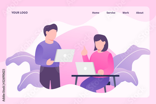 brainstorming creative work with man and woman working on laptop for website template or landing homepage