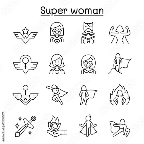 Super woman icon set in thin line style