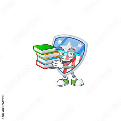A brainy clever cartoon character of shield badges USA with star studying with some books