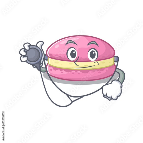A mascot picture of strawberry macarons cartoon as a Doctor with tools