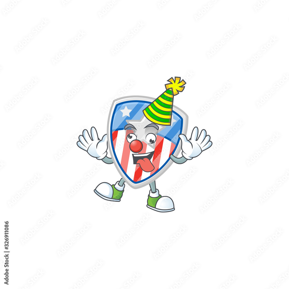 Cute and funny Clown shield badges USA with star cartoon character mascot style Cute and funny Clown shield badges USA with star cartoon character mascot style