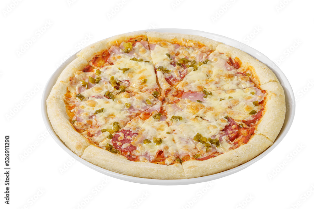 Pizza whole round, cut into pieces, on a white isolated background. Fast food in a pizzeria, a floury cheese product. Side view
