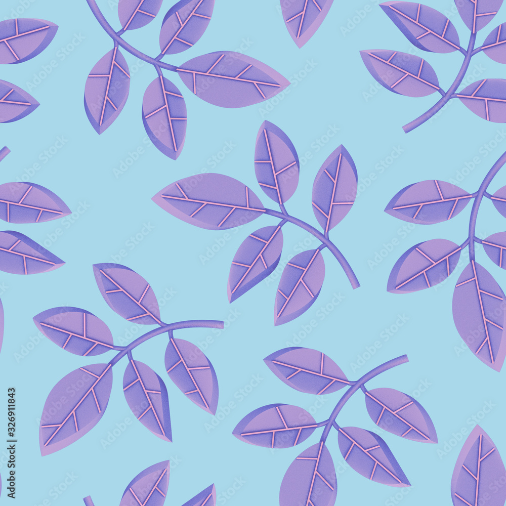 Purple leaves seamless pattern on blue background. Elegant stylized plant leaves. Abstract design autumn pattern. Garden texture. Nature floral illustration with tree leaves. 3d render