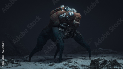 Obraz na plátně 3d illustration of a cyberpunk scary monster spider standing on snowy ground in the night scene