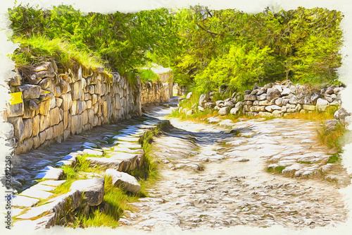 Imitation of a picture. Oil paint. Illustration. Crimea. Chufut-Kale spelaean city is a fortress. Medieval road photo