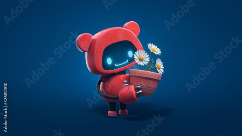 Fototapeta Little cute red robot with bear ears holds a clay pot with chamomile. Concept art friendly kawaii bot with glowing smiling face on the screen. Nature lover robot. 3d illustration on blue background.