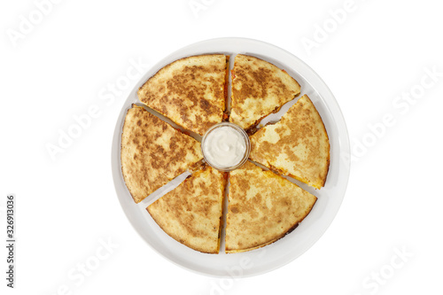 Quesadilla with chicken, meat and tomatoes with sour cream sauce, 6 pieces, isolated white background, View from above