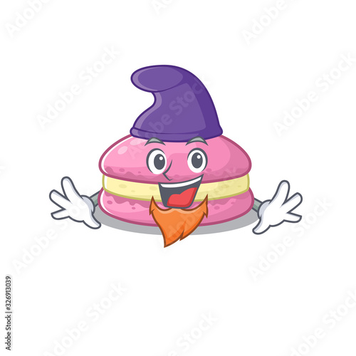 cartoon mascot of funny strawberry macarons dressed as an Elf