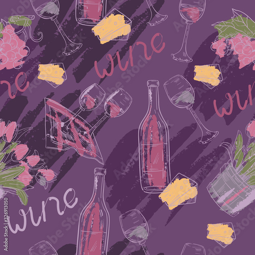 Vector romantic seamless pattern with wine glasses, bottles, tulips, grapes and cheese. Hand drawn background for menu, wine presentation production, testing events decoration etc.