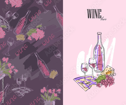 Vector romantic background template with wine glasses, bottles, tulips, grapes and cheese. Hand drawn illustration for menu, wine card, presentation production, testing events decoration, booklet etc.