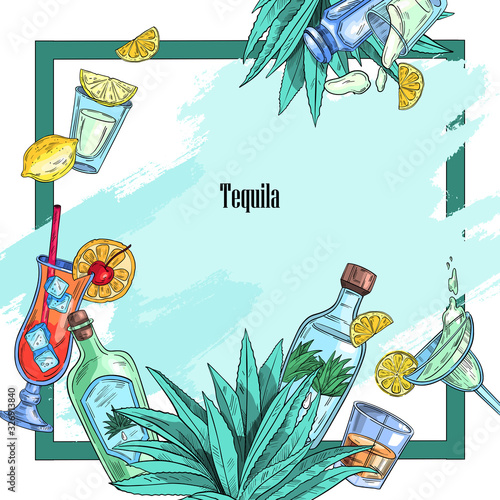 Tequila vector frame in colorful engraving style with bottles, cocktails, and agave. Background for bars, pubs, restaurants in Mexican style.