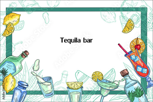 Tequila vector frame in colorful engraving style with bottles, cocktails, and agave. Background for bars, pubs, restaurants in Mexican style. With space for your text.