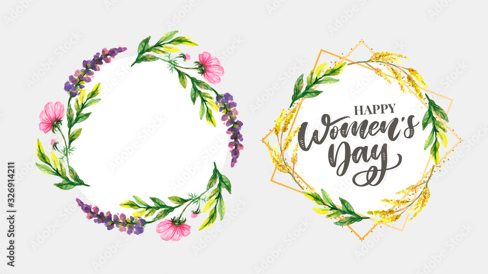 Woman s Day text design with flowers and hearts on square background. Vector illustration. Woman s Day greeting calligraphy design in pink colors. Template for a poster, cards, banner. Woman s Day text design with flowers and hearts on square background. Vector illustration. Woman s Day greeting calligraphy design in pink colors. Template for a poster, cards, banner.