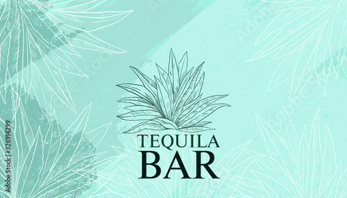 Tequila abstract vector background in engraving style with blue and green brushstrokes and agave. Emblem for bottle label and print for bars, pubs, restaurants in Mexican style.