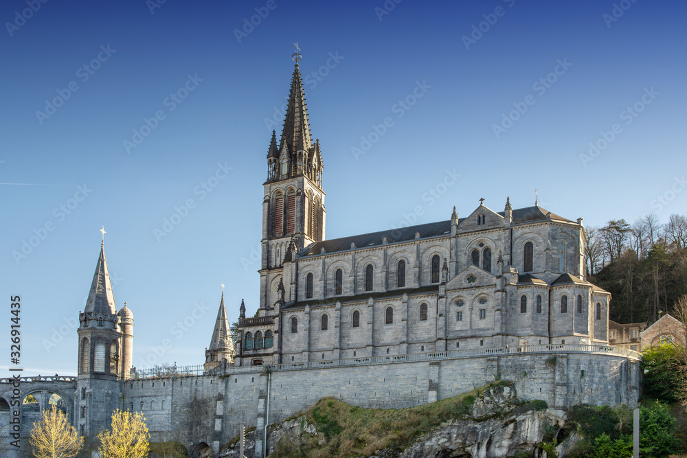 View of the cathedral-sanctuary of Lourdes (France)