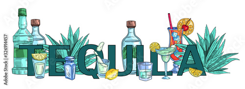 Vector banner “Tequila”. Composition with letters and tequila bottles, cocktails, agave, glasses and bar counter. Isolated on white.
